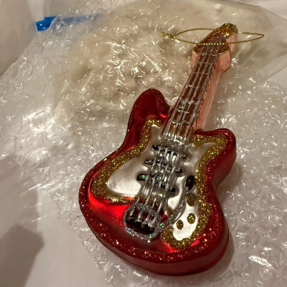 New Vintage West Elm Glitter and Glass Guitar Ornament, -6”,